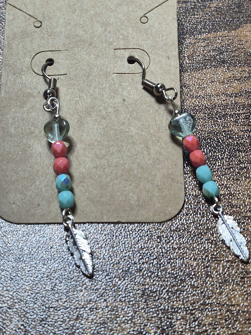 Beaded Feather Drop Earrings - Coral & Turquoise